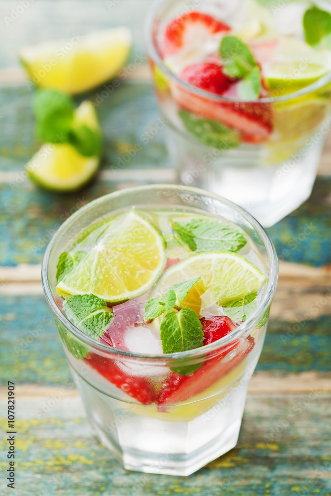 Summer lemonade or cocktail with lime, ice, strawberry and green mint in glass on rustic wooden table, mojito Summer lemonade or cocktail with lime, ice, strawberry and green mint in glass on rustic wooden table, mojito