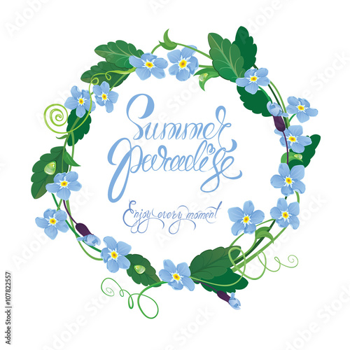 Holiday seasonal card with round frame of forget me not flowers