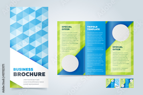 Trifold business brochure design template. Vector flyer, leaflet or booklet design. Tri fold. 