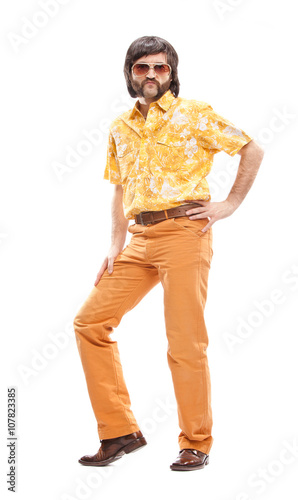 1970s vintage man with orange dress dance isolated on white