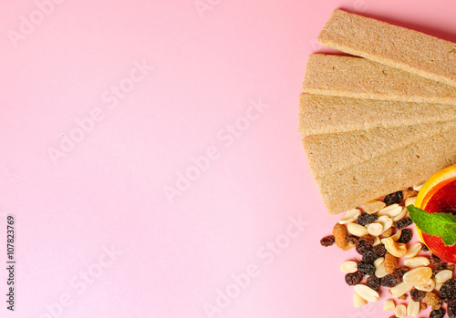 Healthy Eating on a pink background from above