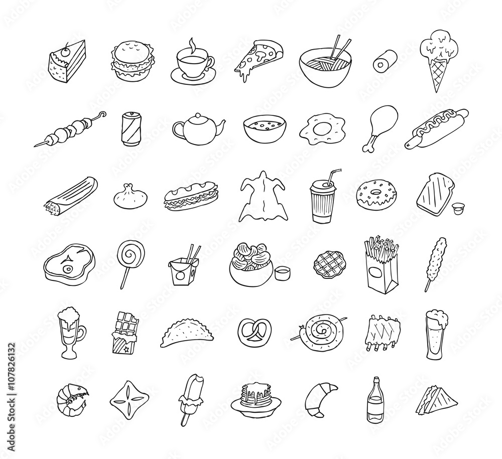 Set of icons about food and drink. Doodle. Sketch. 