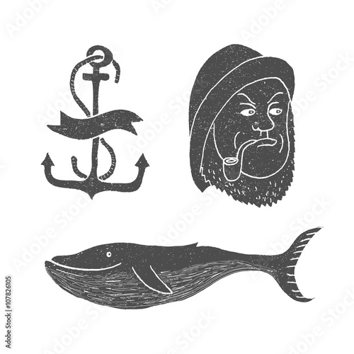 Marine themes & tattoo. Sailor. Ocean. Whale. Anchor. Vector illustration in doodle style.
