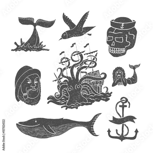 Marine themes & tattoo. Sailor. Ocean. Octopus. Whale. Skull. Anchor. Vector illustration in doodle style. photo