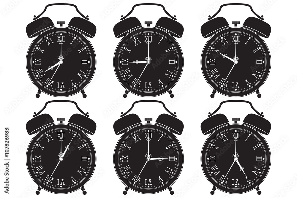 Retro alarm clock. Set of clocks with different time. Outline icons Retro alarm clock. Set of clocks with different time. Outline icons