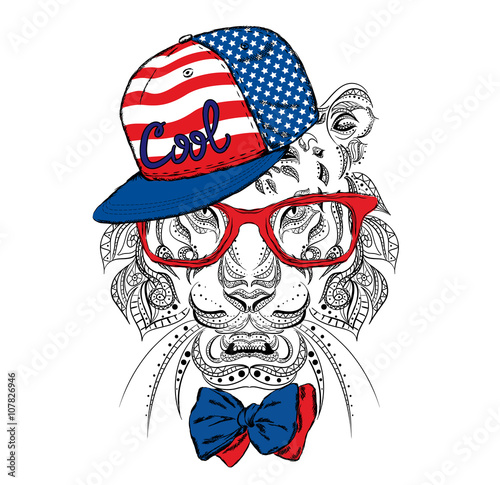 Fototapeta Naklejka Na Ścianę i Meble -  Ethnic tiger in a cap and a tie. Tiger glasses. Fashion & Style. Hipster. Print. Experiment. Shocking.