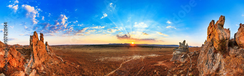 Beautiful panorama of the afternoon sunset at 'La Fenetre', in Isalo national park in Madagascar