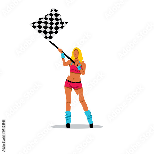 Beautilful girl waving racing flag. Vector Illustration.