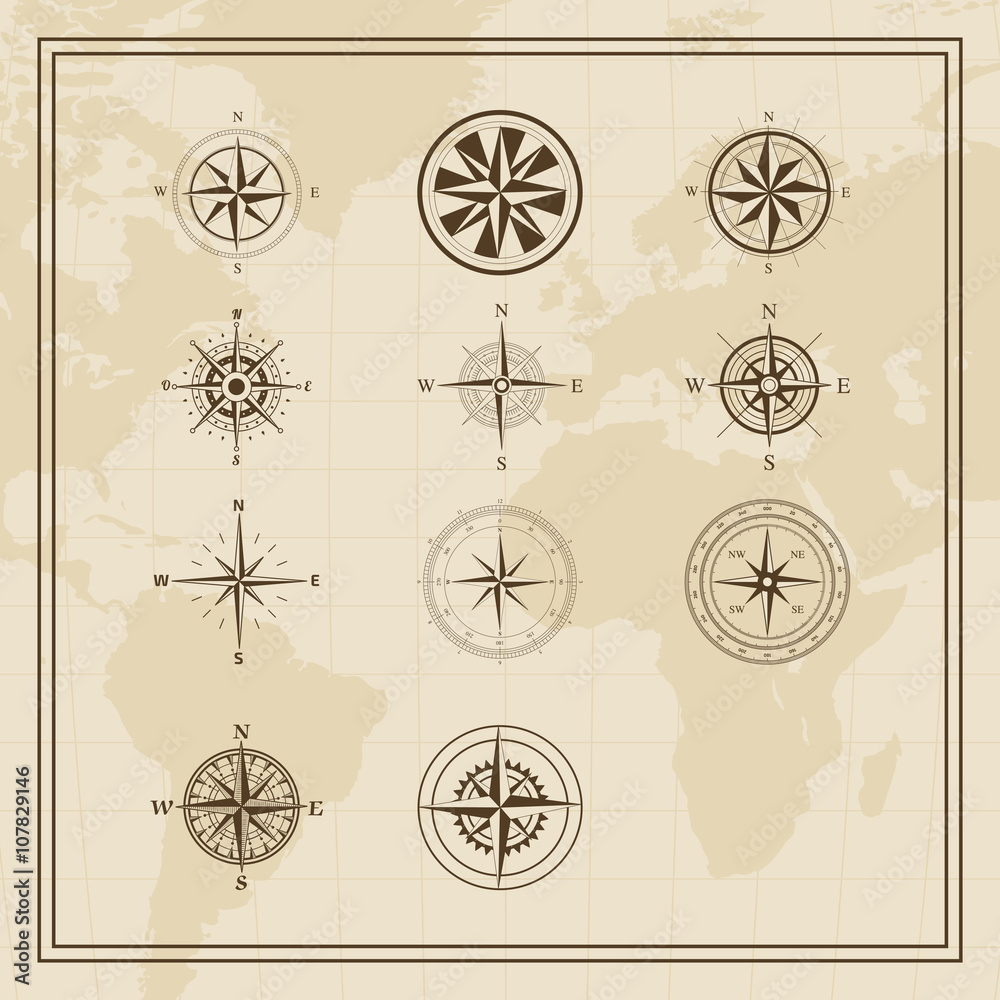 Vector Wind rose on a world map background