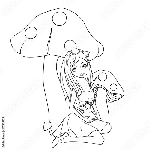 Coloring book: Alice in front of mushroom holding rabbit wearing top hat