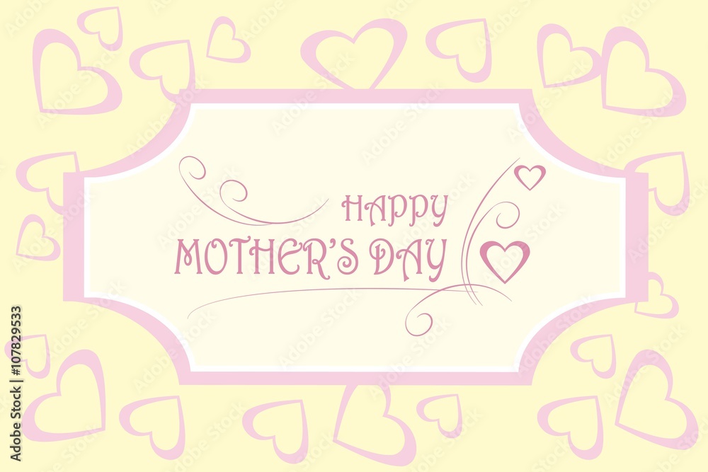Greeting card Happy Mother's day. Pink typing on light background, hearts on light yellow, decorative, vector Greeting card Happy Mother's day. Pink typing on light background, hearts on light yellow, decorative, vector