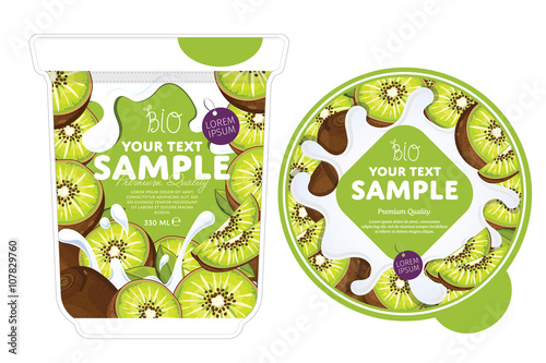 Kiwi Yogurt Packaging Design Template. Yogurt Splash on Kiwi. Milk Spash. Kiwi yogurt. Sweet desert. Healthy breakfast. Dairy product. Organic food. 