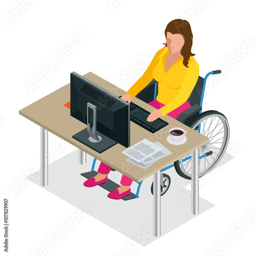 Handicapped woman in wheelchair in a office working on a computer. Flat 3d isometric vector illustration. International Day of Persons with Disabilities.