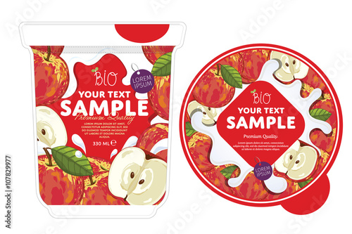 Apple Yogurt Packaging Design Template. Yogurt Splash on Apple. Milk Spash, Apple yogurt. Sweet desert. Healthy breakfast. Dairy product. Organic food. 