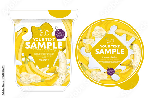 Banana Yogurt Packaging Design Template. Yogurt Splash on Banana. Milk Spash, Banana yogurt. Sweet desert. Healthy breakfast. Dairy product. Organic food. 