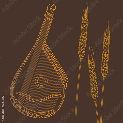 bandura is Ukrainian musical instrument outline with wheat ears 