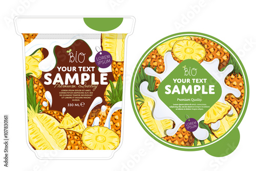 Pineapple Yogurt Packaging Design Template. Yogurt Splash on Pineapple. Milk Spash, Pineapple yogurt. Sweet desert. Healthy breakfast. Dairy product. Organic food. 