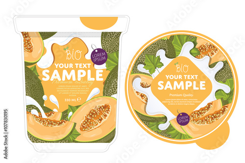 Melon Yogurt Packaging Design Template. Yogurt Splash on Melon. Milk Spash, Melon yogurt. Sweet desert. Healthy breakfast. Dairy product. Organic food. 