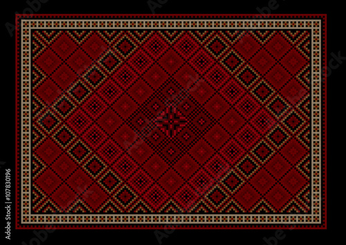 Maroon luxurious vintage oriental carpet with colored ornament on the border 

