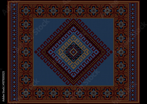 Vintage ethnic dark burgundy carpet with blue at the middle
