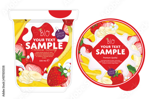 Banana Strawberry Yogurt Packaging Design Template. Double flavor. Yogurt Splash on Banana Strawberry. Milk Spash, Banana Strawberry yogurt. Sweet desert. Healthy breakfast. Dairy product.