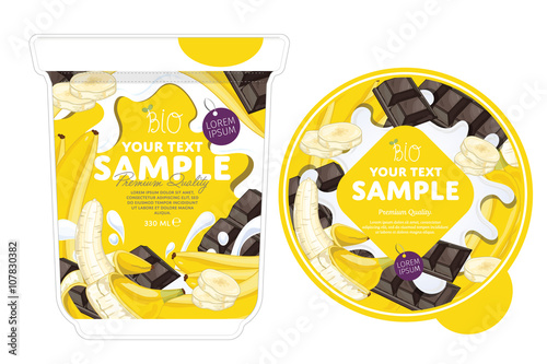 Banana Chocolate Yogurt Packaging Design Template. Yogurt Splash on Banana Chocolate. Milk Spash, Banana Chocolate yogurt. Sweet desert. Healthy breakfast. Dairy product. Organic food. 
