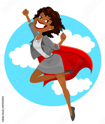 dark skinned business woman with a superheros cape flying in the sky