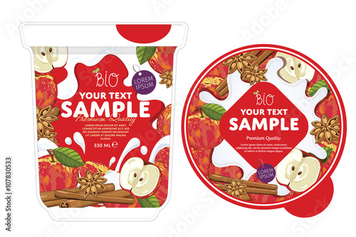 Apple cinnamon Yogurt Packaging Design Template. Yogurt Splash on Apple cinnamon. Milk Spash, Apple cinnamon yogurt. Sweet desert. Healthy breakfast. Dairy product. Organic food. 