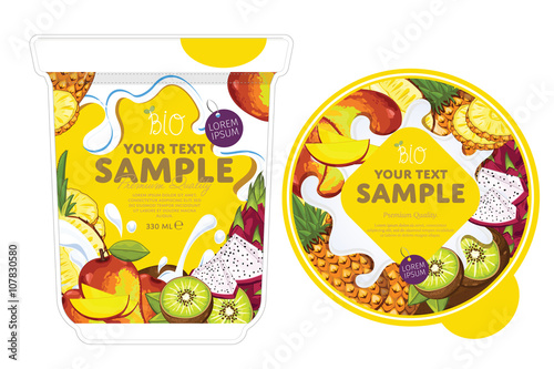 Tropical fruit Yogurt Packaging Design Template. Yogurt Splash on Tropical fruit. Milk Spash, Tropical fruit yogurt. Sweet desert. Healthy breakfast. Dairy product. Organic food. 