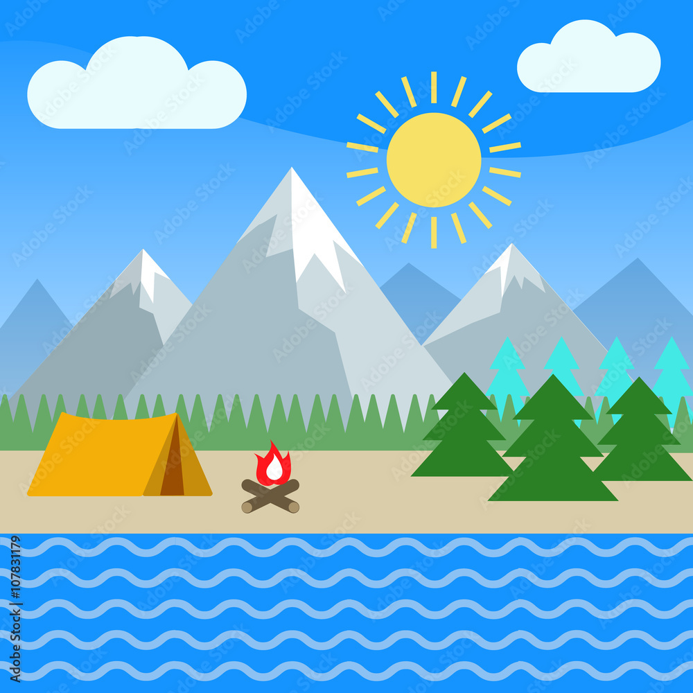 Summer mountain landscape tent and bonfire Summer mountain landscape tent and bonfire