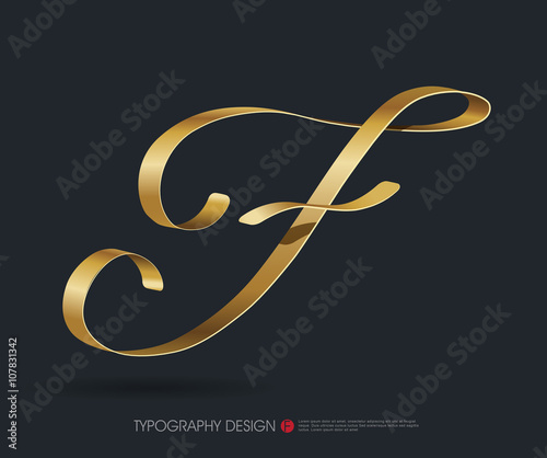 ribbon typography font logo type with Glossy gold decorative silk F letter