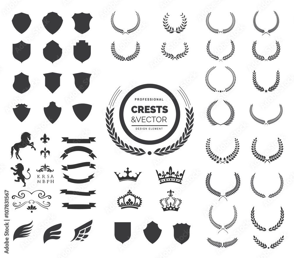 Crest logo element set, Coat of arms, Set of award laurel wreaths and ...
