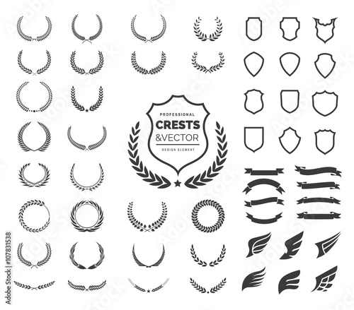 Crest logo element set,Coat of arms,Set of award laurel wreaths and branches,vector illustration.