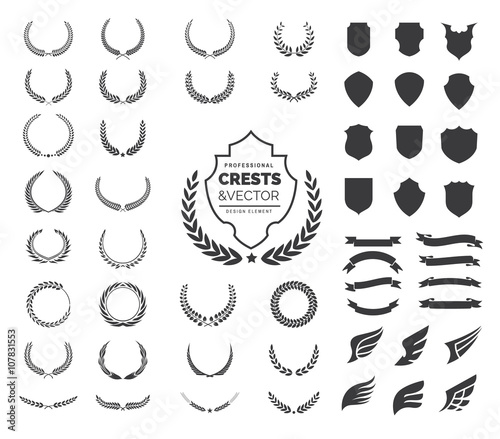 Crest logo element set,Coat of arms,Set of award laurel wreaths and branches,vector illustration.