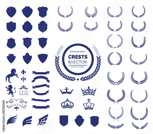 Crest logo element set,Coat of arms,Set of award laurel wreaths and branches,vector illustration.