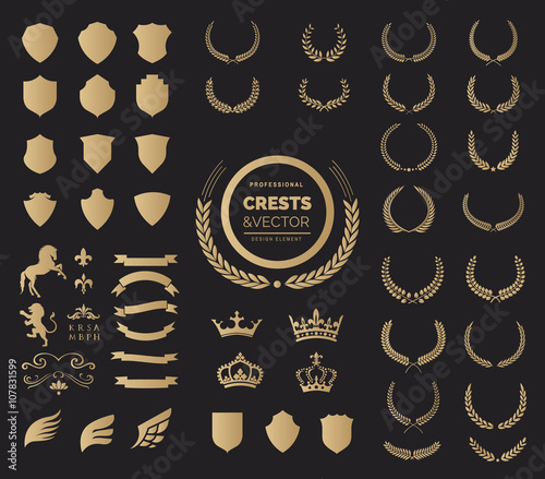Crest logo element set, Coat of arms, Award laurel wreaths and branches vector illustration.