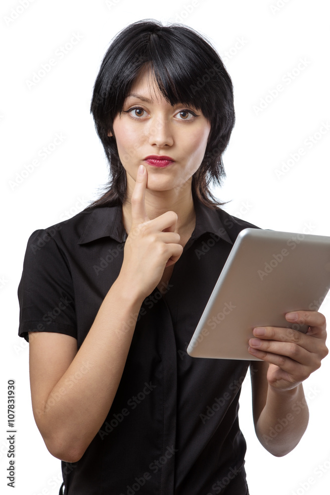 thoughtful business woman using technology thoughtful business woman using technology