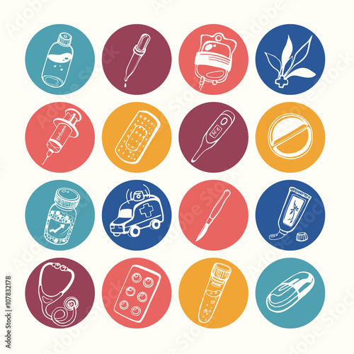 A set of hand-drawn icons on a theme medicine/Vector set of linear images on the topic of medicine, medicine and health. Sketches for use in design, web site, packing, textile, fabric