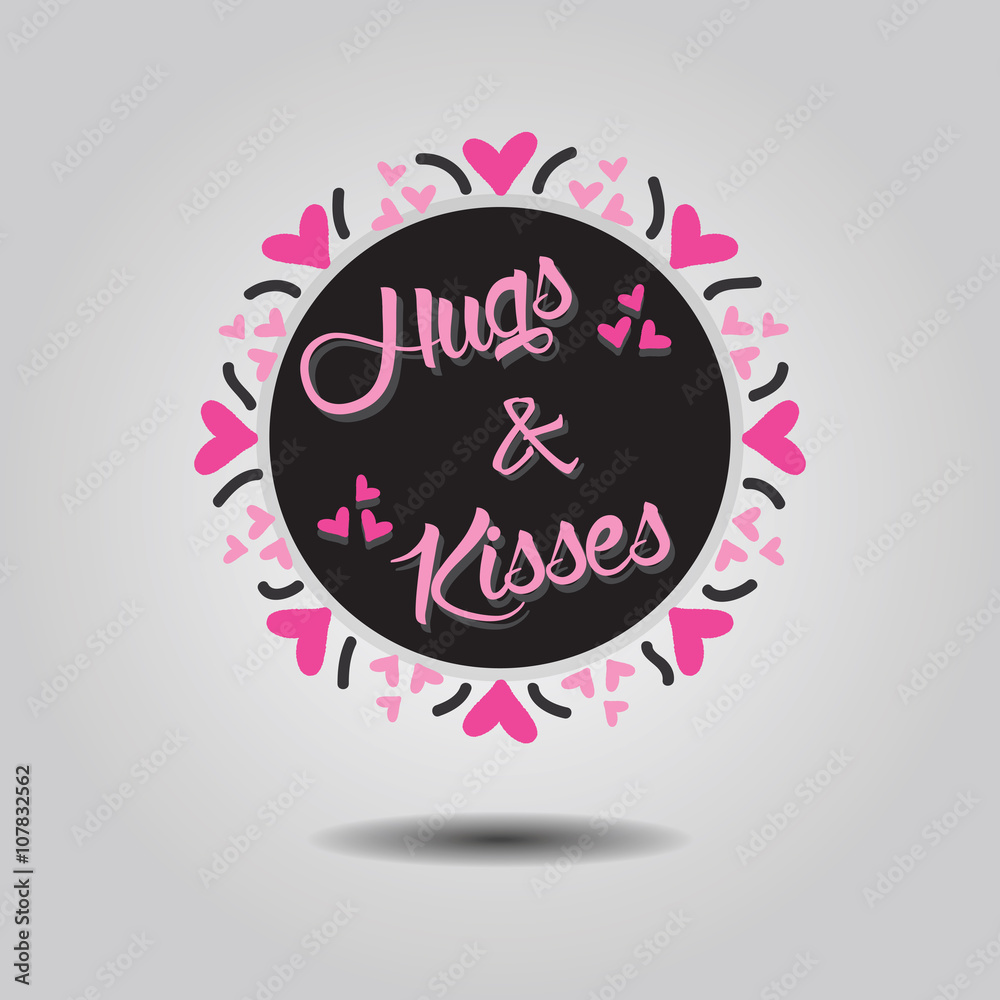 Hugs and Kisses black circle label with pink heart border on gray gradient background