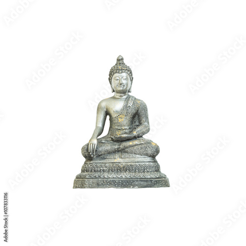 Closeup old silver buddha statue isolated on white background