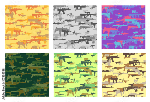 Collection of seamless patterns with camouflage made from weapons. Different colors.