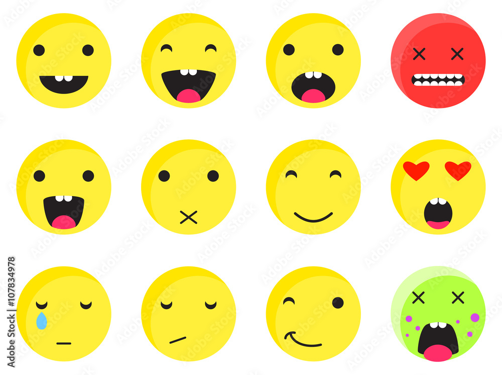 Yellow round smile emoji set. Emoticon icon flat style vector set. Expression comic emoji rabbits. Smiley face icons. Yellow round smile emoji set. Emoticon icon flat style vector set. Expression comic emoji rabbits. Smiley face icons.
