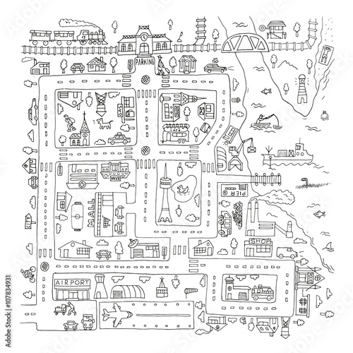Doodle city map. Isolated.
