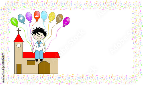 Boy communion of church holding balloons