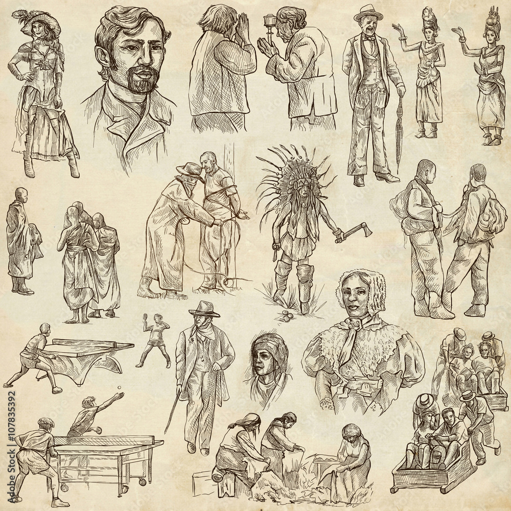 Obraz premium An hand drawn, freehand drawing, collection - People