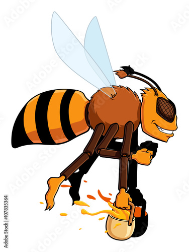 Illustration of cartoon worker bee while carries honey. Isolated on white background.