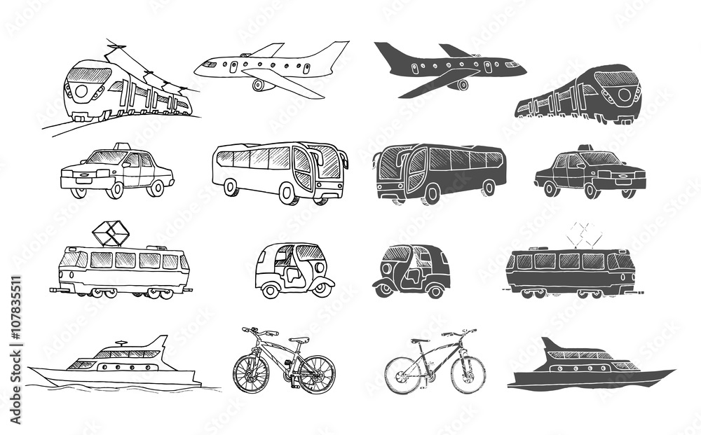 Hand drawn collection of passenger transport . Doodle set. Isolated Hand drawn collection of passenger transport . Doodle set. Isolated
