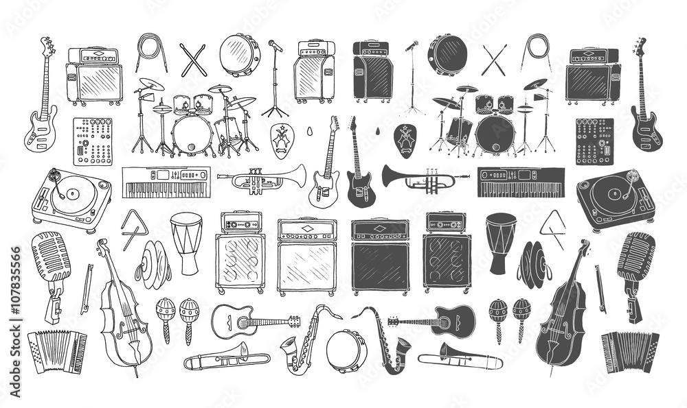 Naklejka premium Big collection of Music Instruments. Hand drawn illustration in doodle style.Isolated