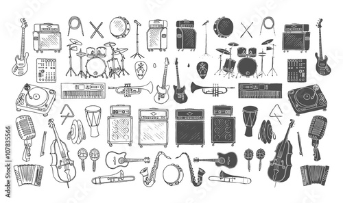 Big collection of Music Instruments. Hand drawn illustration in doodle style.Isolated