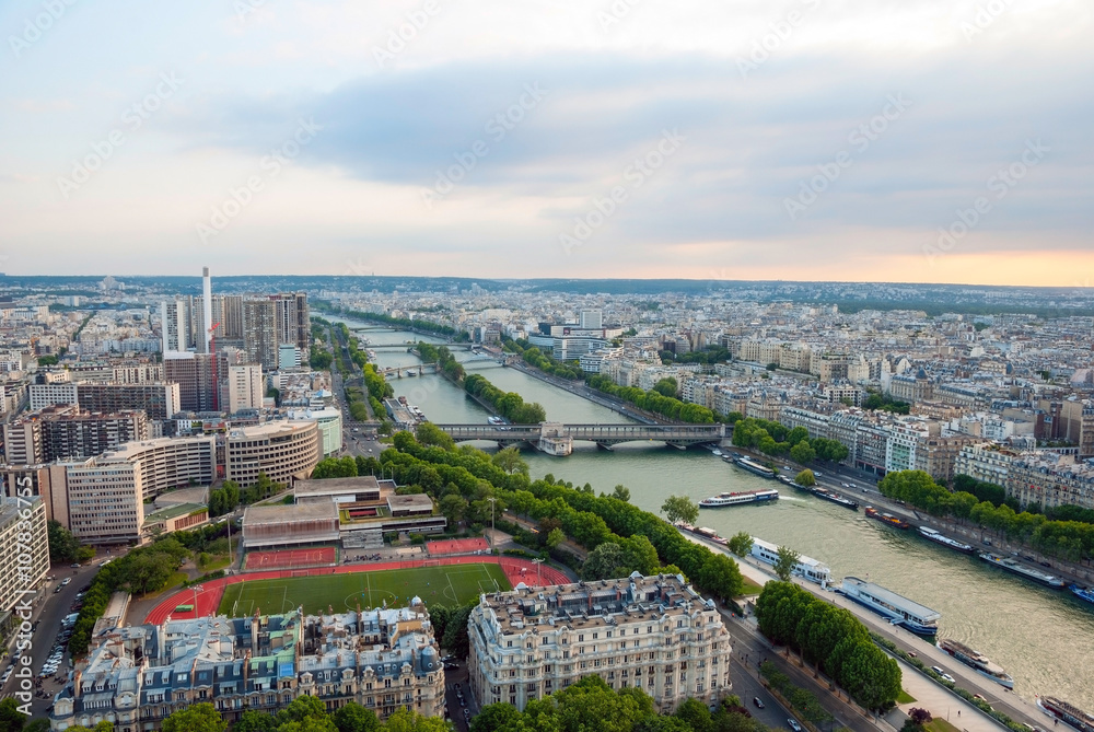 View over Paris skyline with Seine river